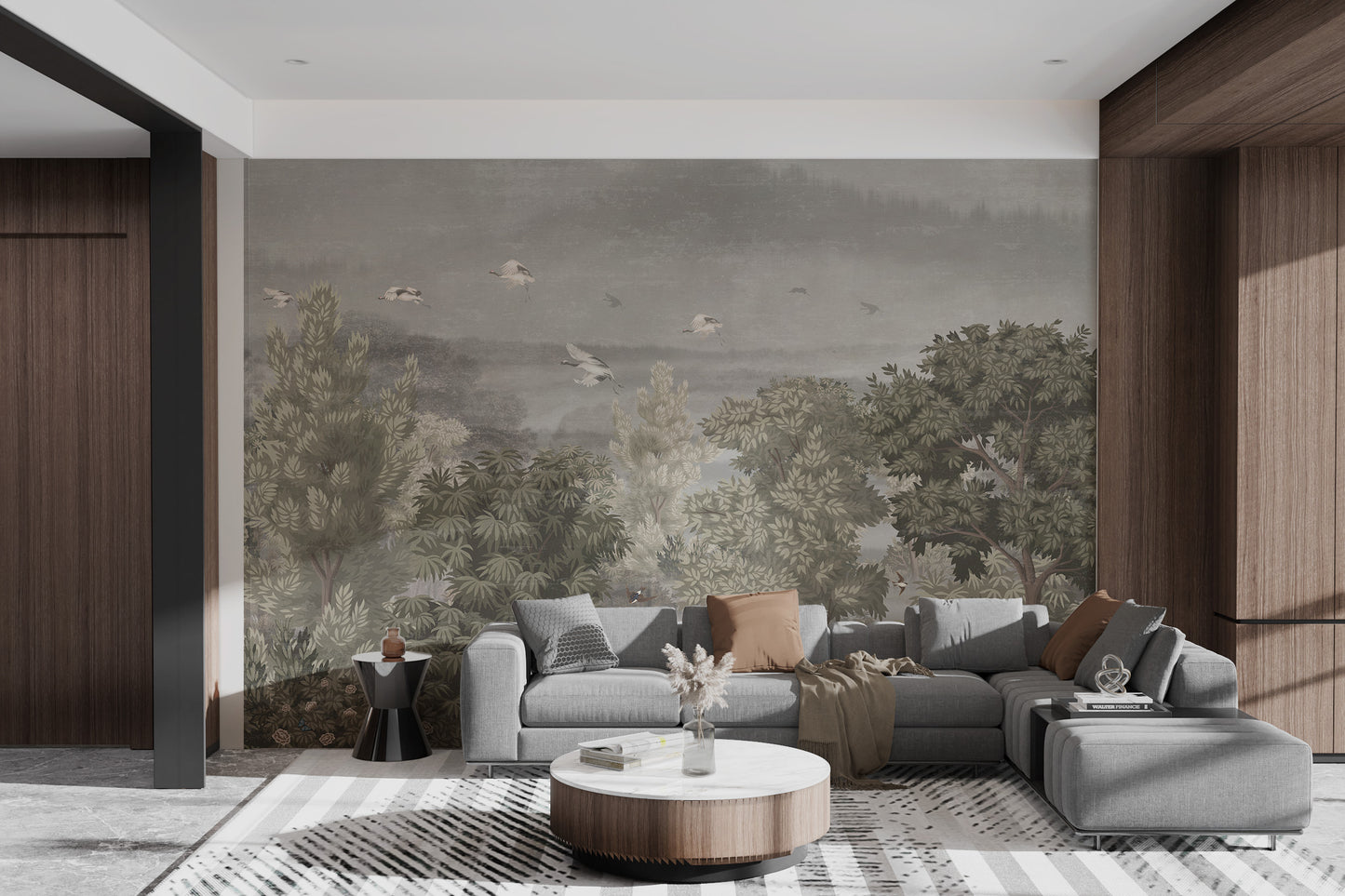 Elegant jungle wallpaper featuring Grus birds and foliage