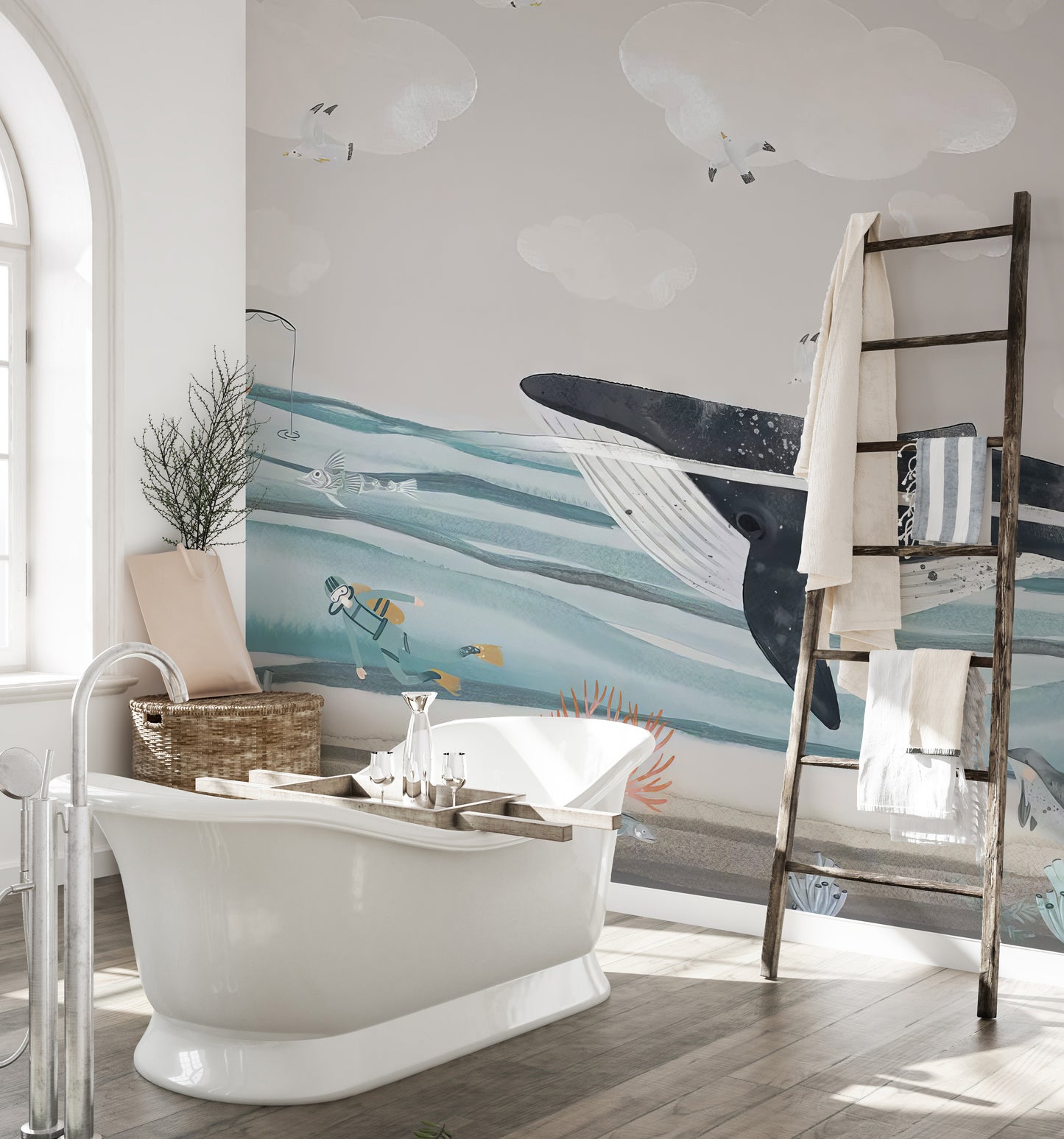Kids room mural featuring a big whale and colorful underwater world