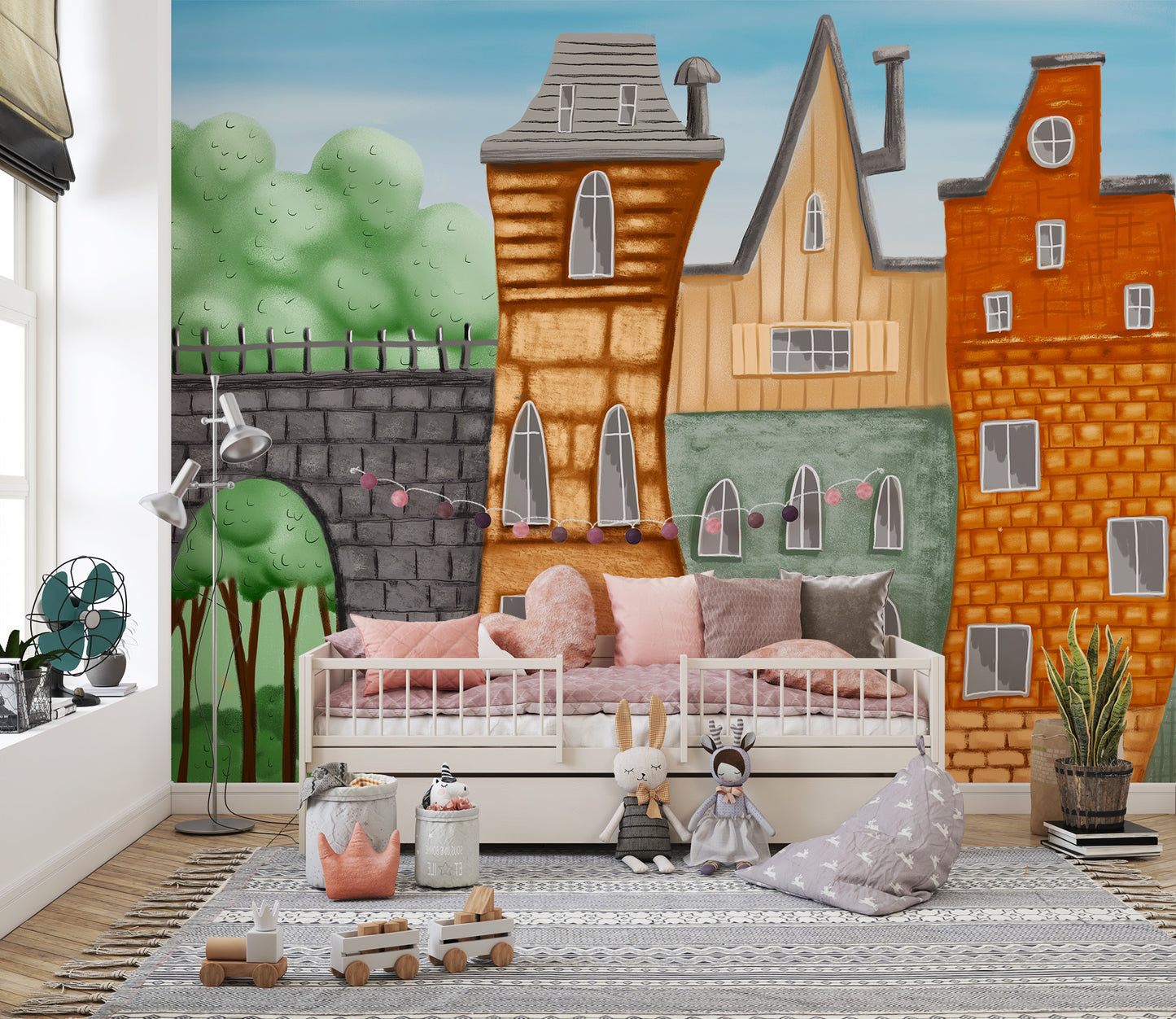 Cozy storybook townscape wallpaper mural for homes