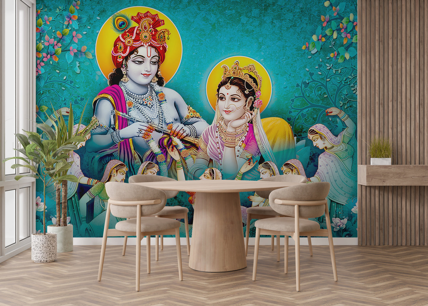 Artistic Radha Krishna mural for zen spaces