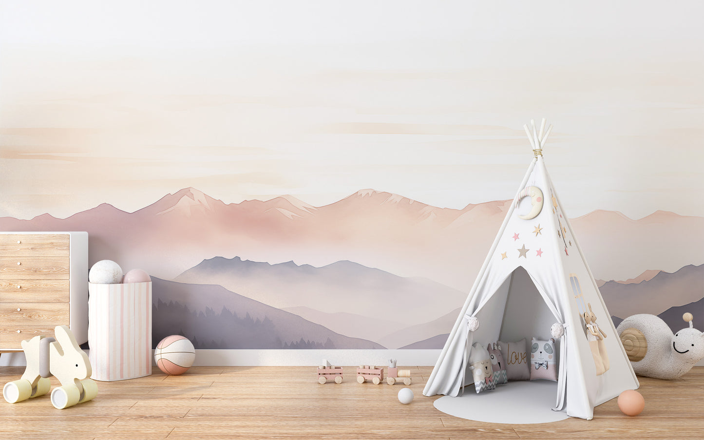 Calm foggy hills mural bringing a tranquil outdoor vibe.