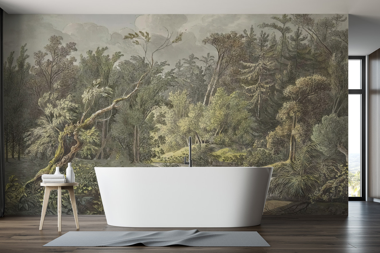 Vintage jungle waterfall wall mural with lush, tropical foliage