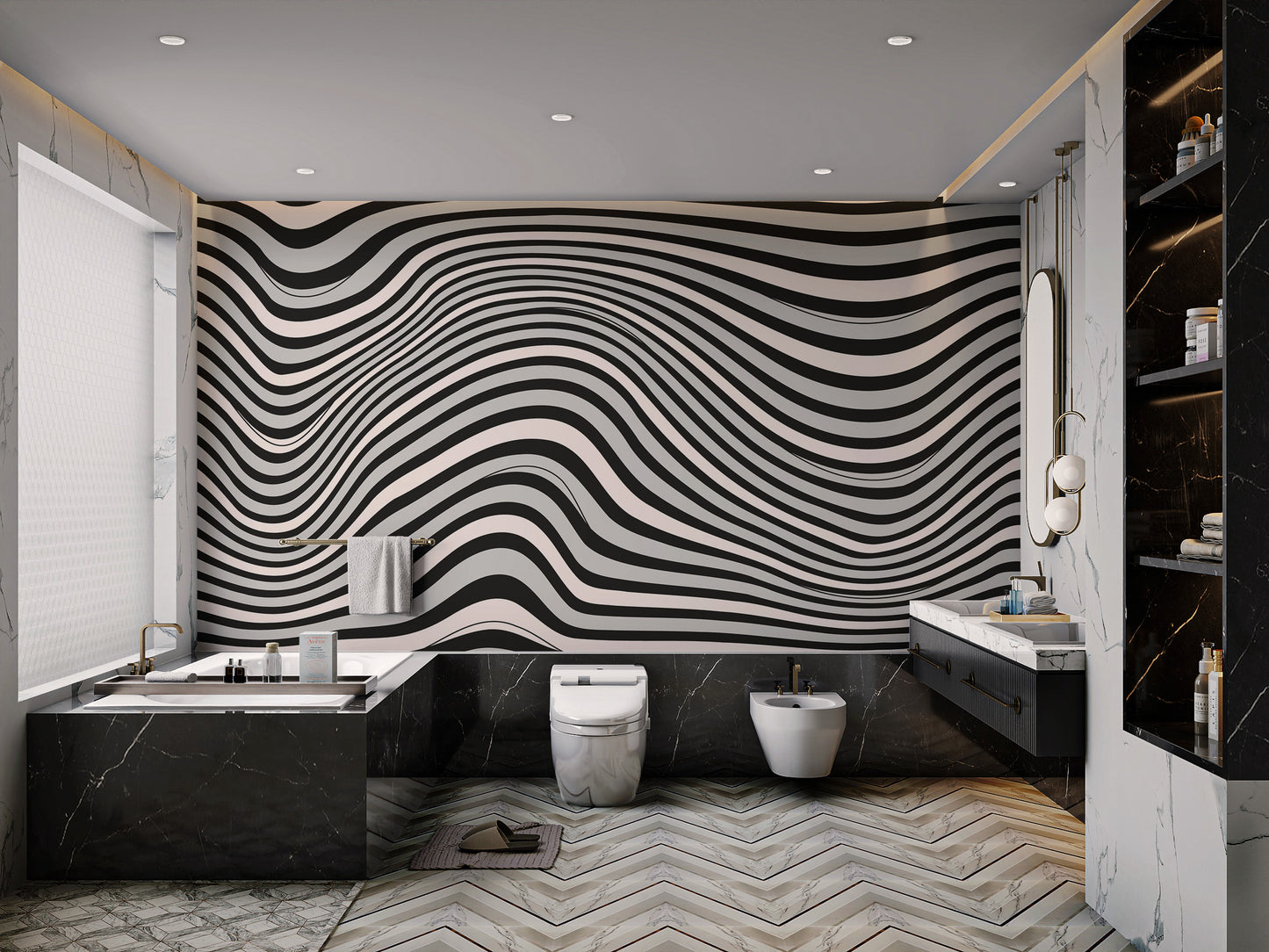 Black and white wavy illusion wallpaper for modern walls