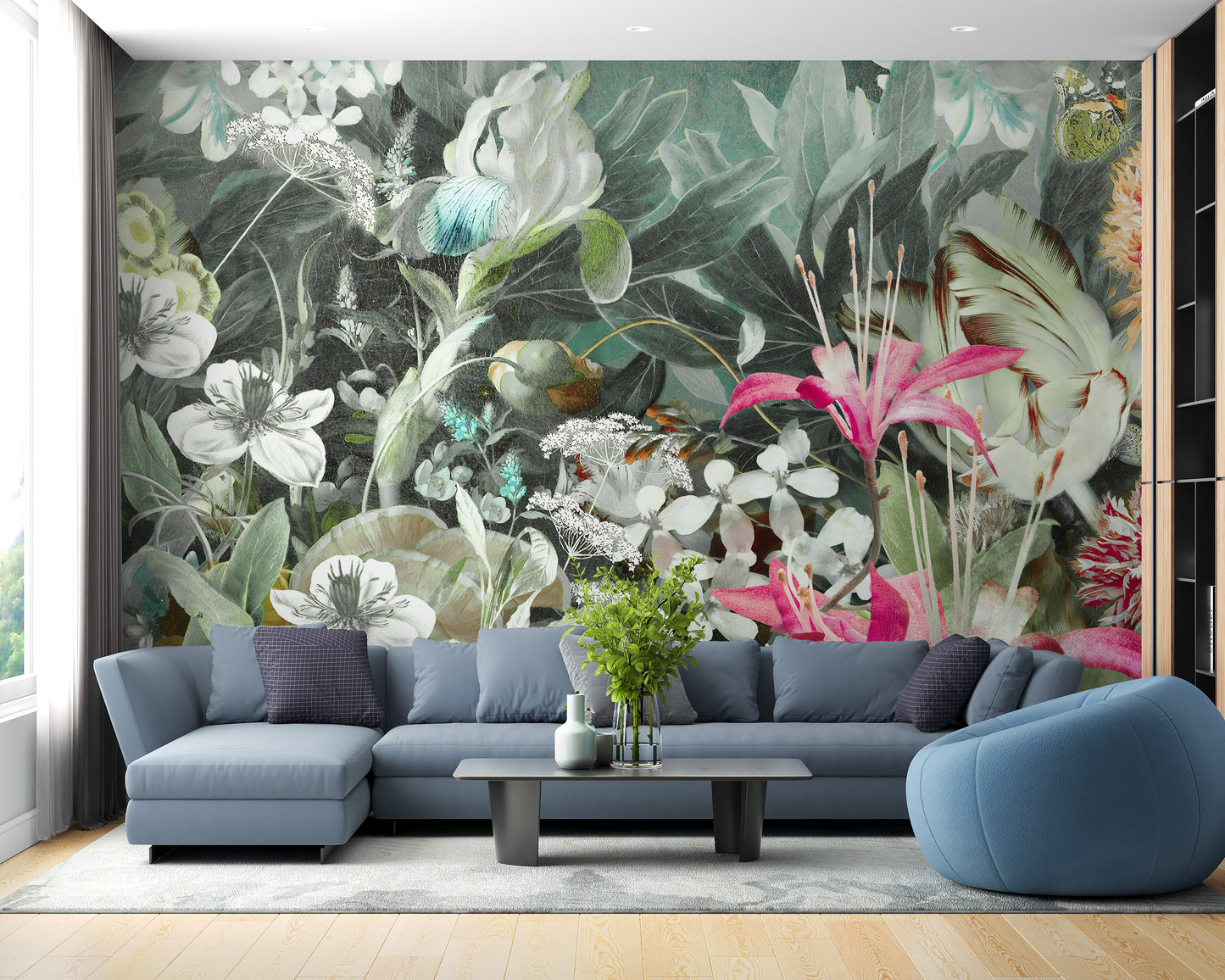 Lush flower and foliage mural in bold tones.