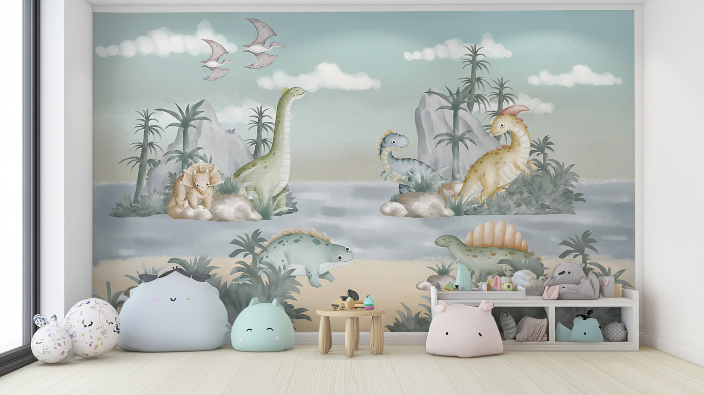 Artistic kids mural featuring dinosaurs and bright hillscapes