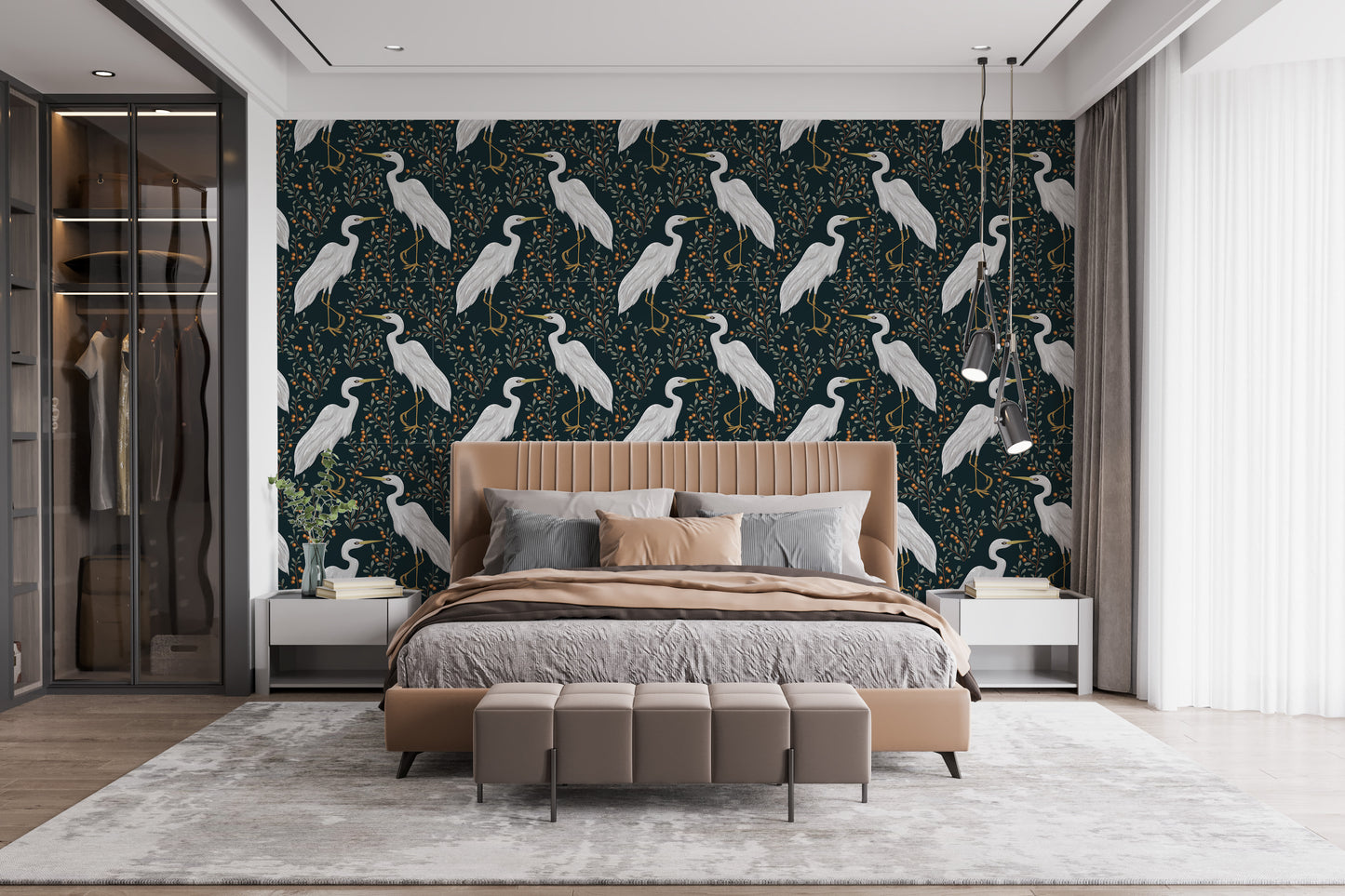Heron mural wallpaper with cranberry field theme
