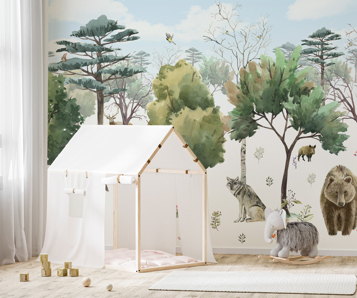 Nature-inspired mural with woodland creatures