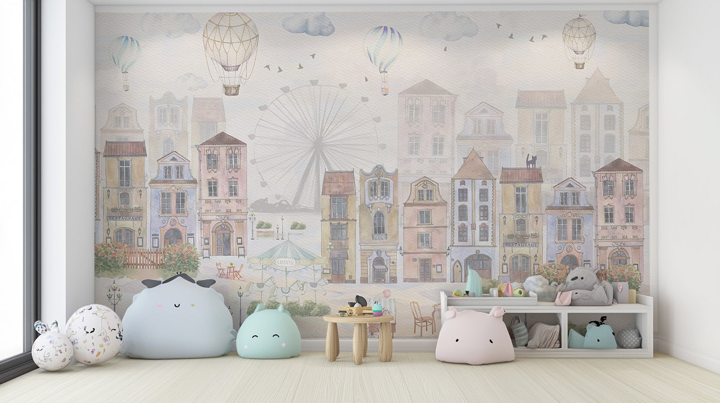 Vintage-inspired mural showcasing an old city with whimsical details