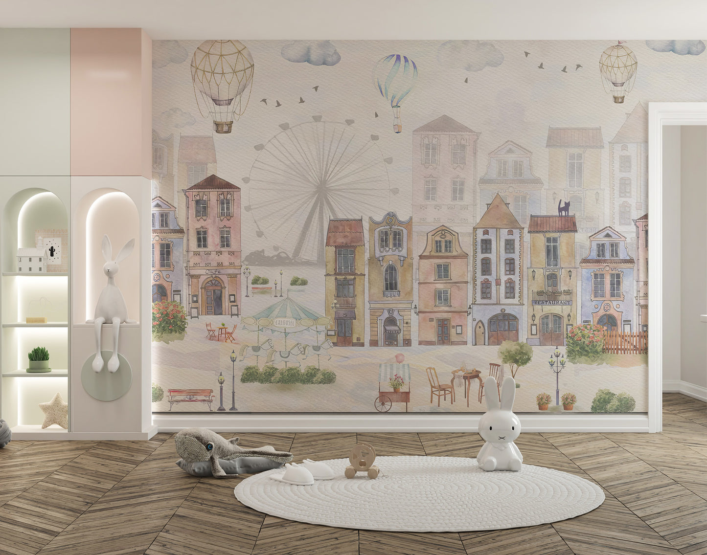 Creative kids room mural with an illustrated old city scene