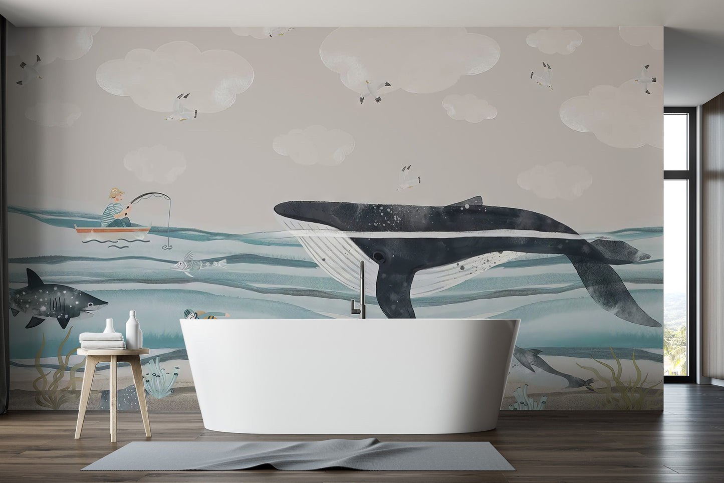 Fun kids room wallpaper with a large whale and sea creatures