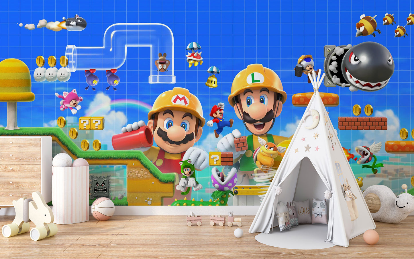 Lively Super Mario 3D mural for creative room designs