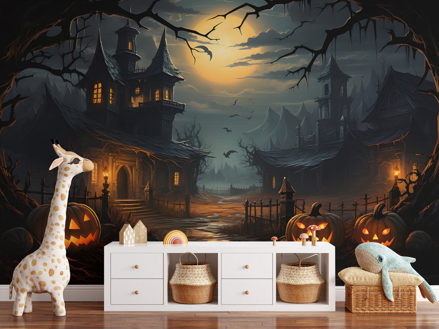 Dark and mysterious haunted house mural for dramatic walls