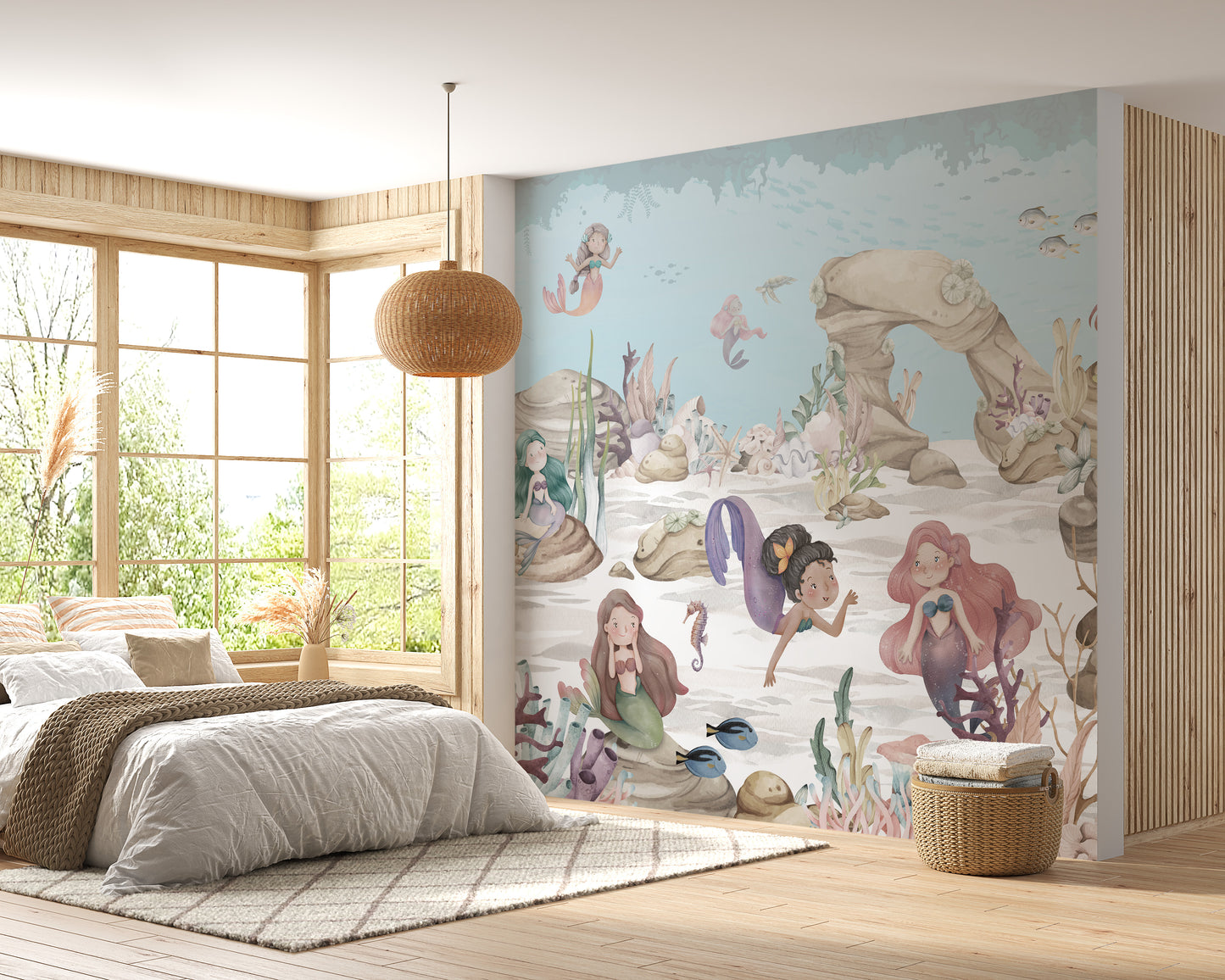 Vibrant mural with mermaids and ocean treasures for kids' decor