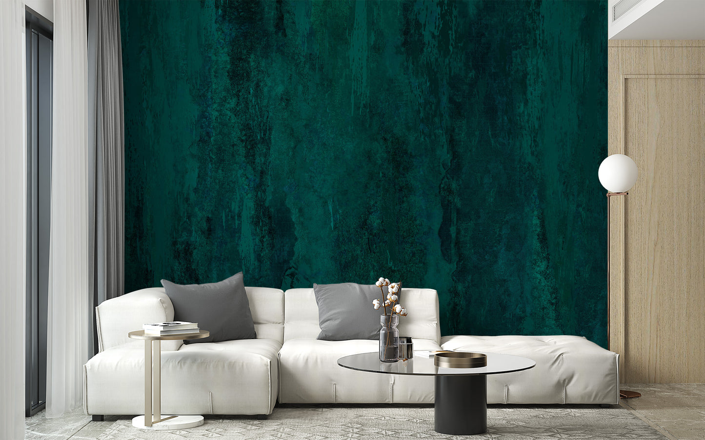 Green grunge wall mural adding an industrial touch to walls.