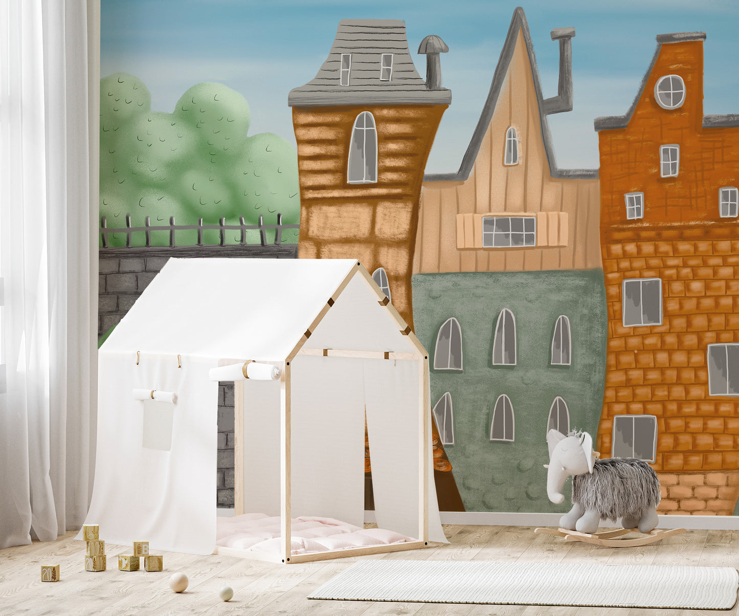 Fairy tale-inspired townscape mural for bedrooms
