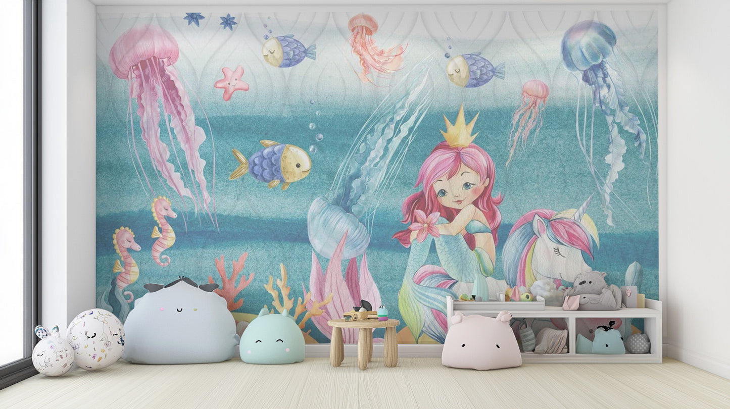Whimsical mermaid kingdom wall mural for creative rooms