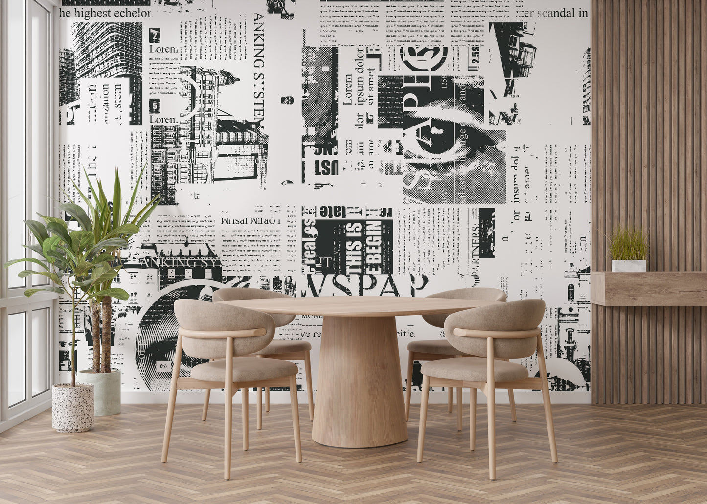 Graphic newsprint mural for trendy rooms