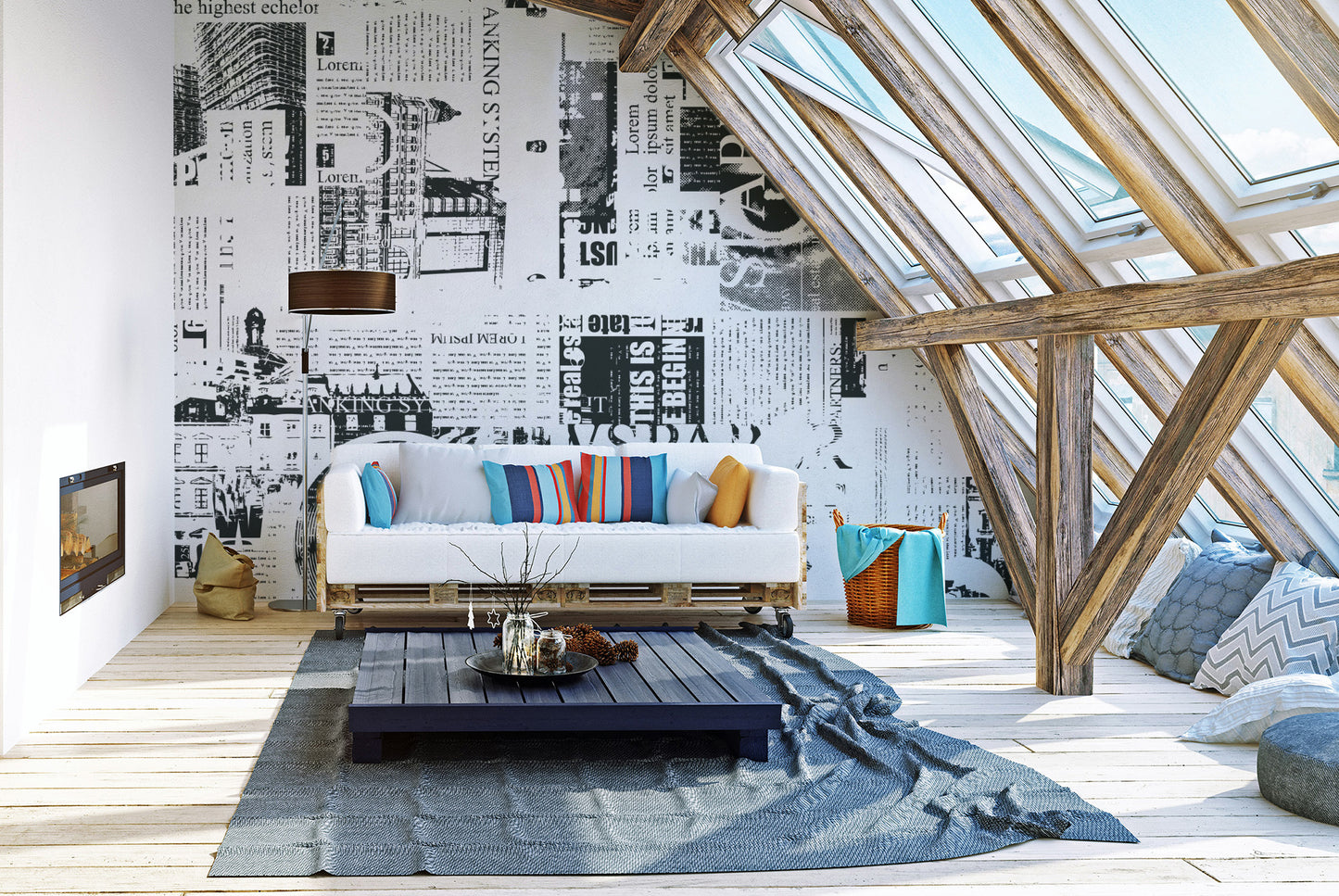 Graphic newsprint wall mural for walls
