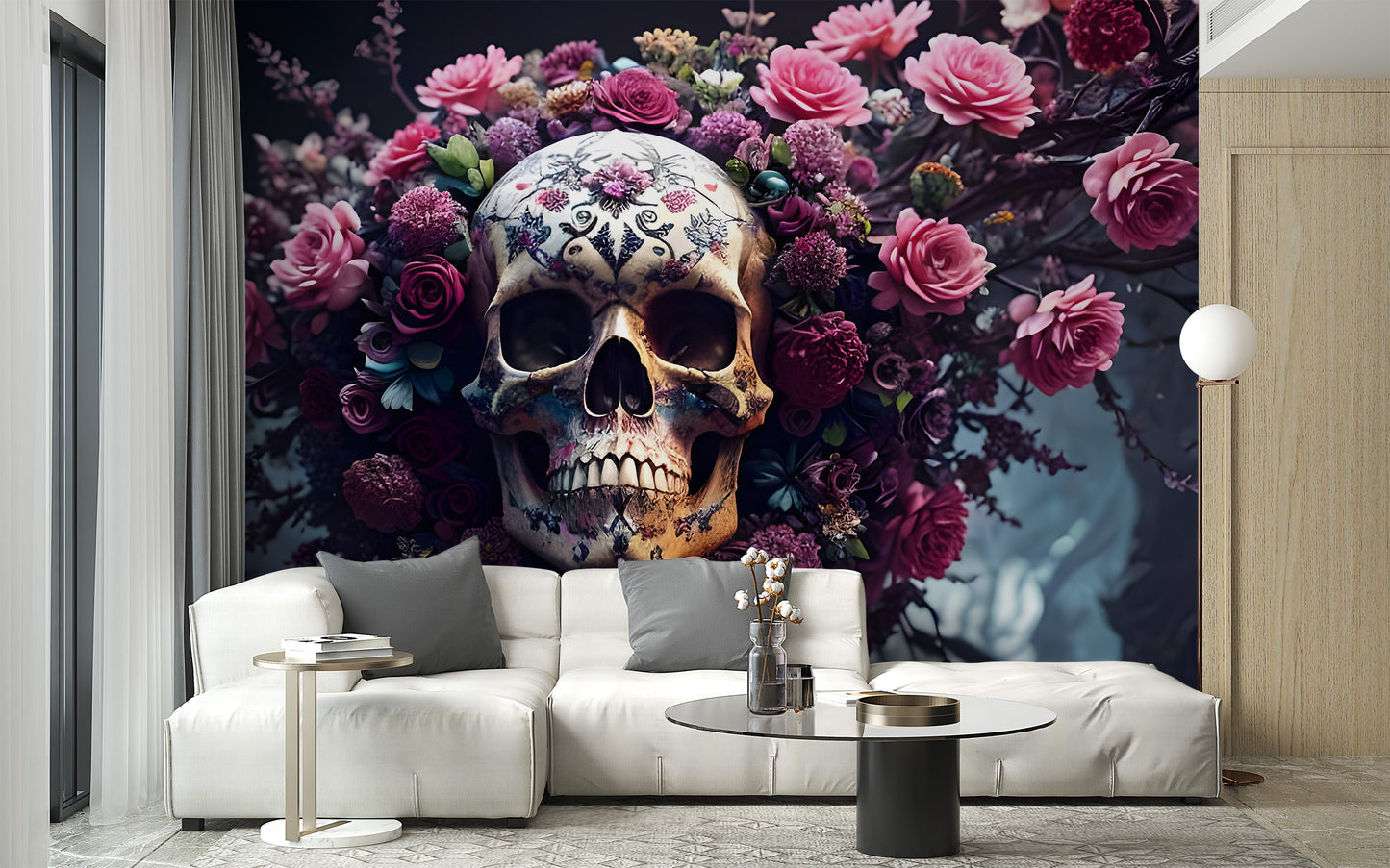 Halloween-themed mural with intricate floral skull design