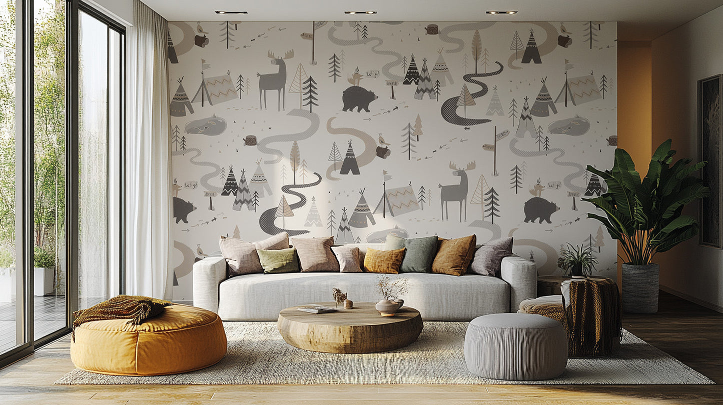 Storybook-inspired mural with a forest road