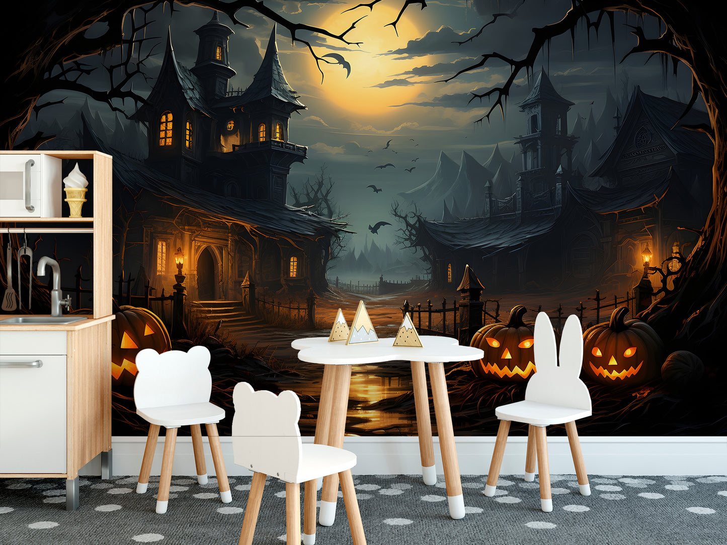 Wall decor featuring a chilling haunted house illustration