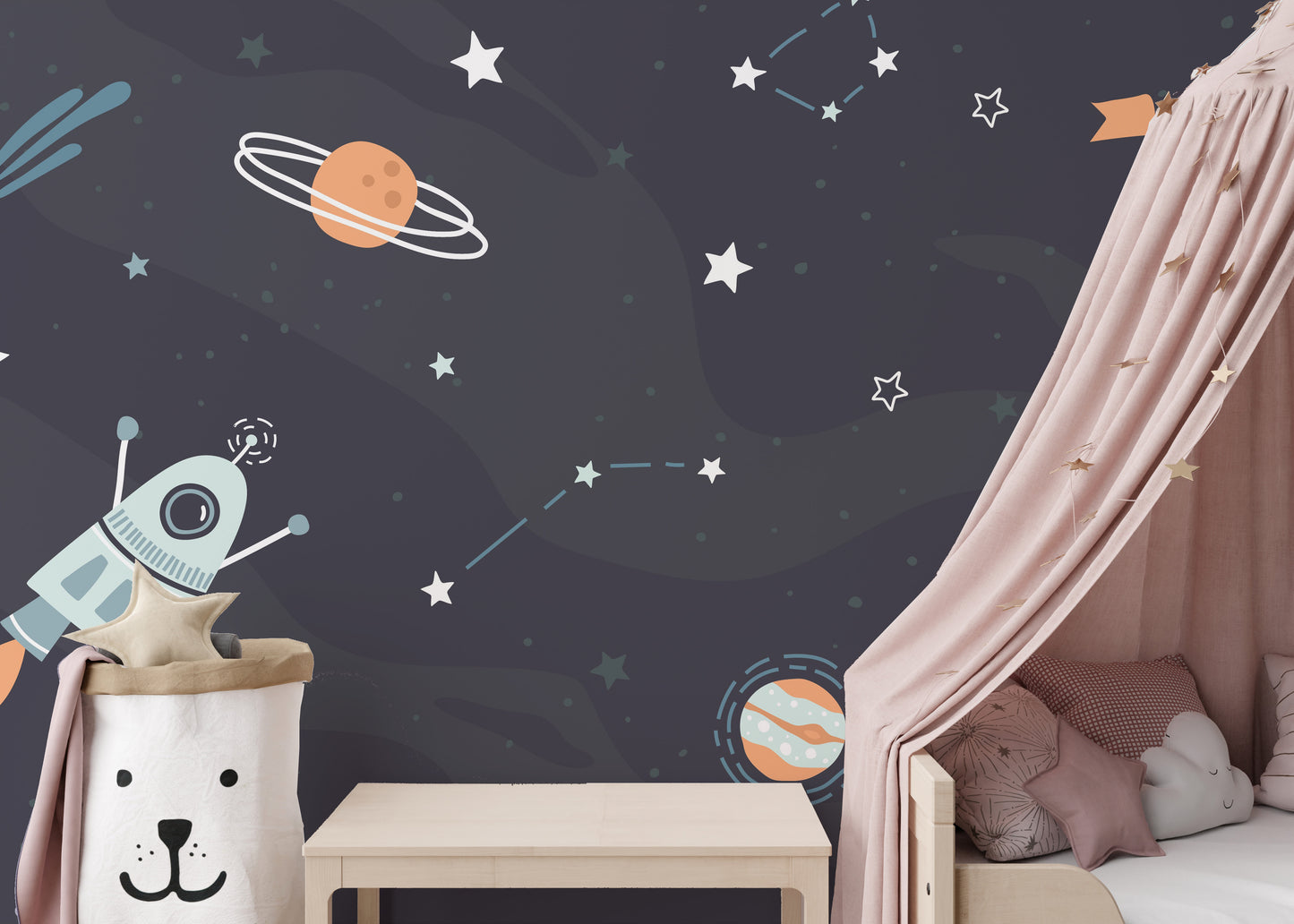 Cosmic wallpaper with rockets and planets