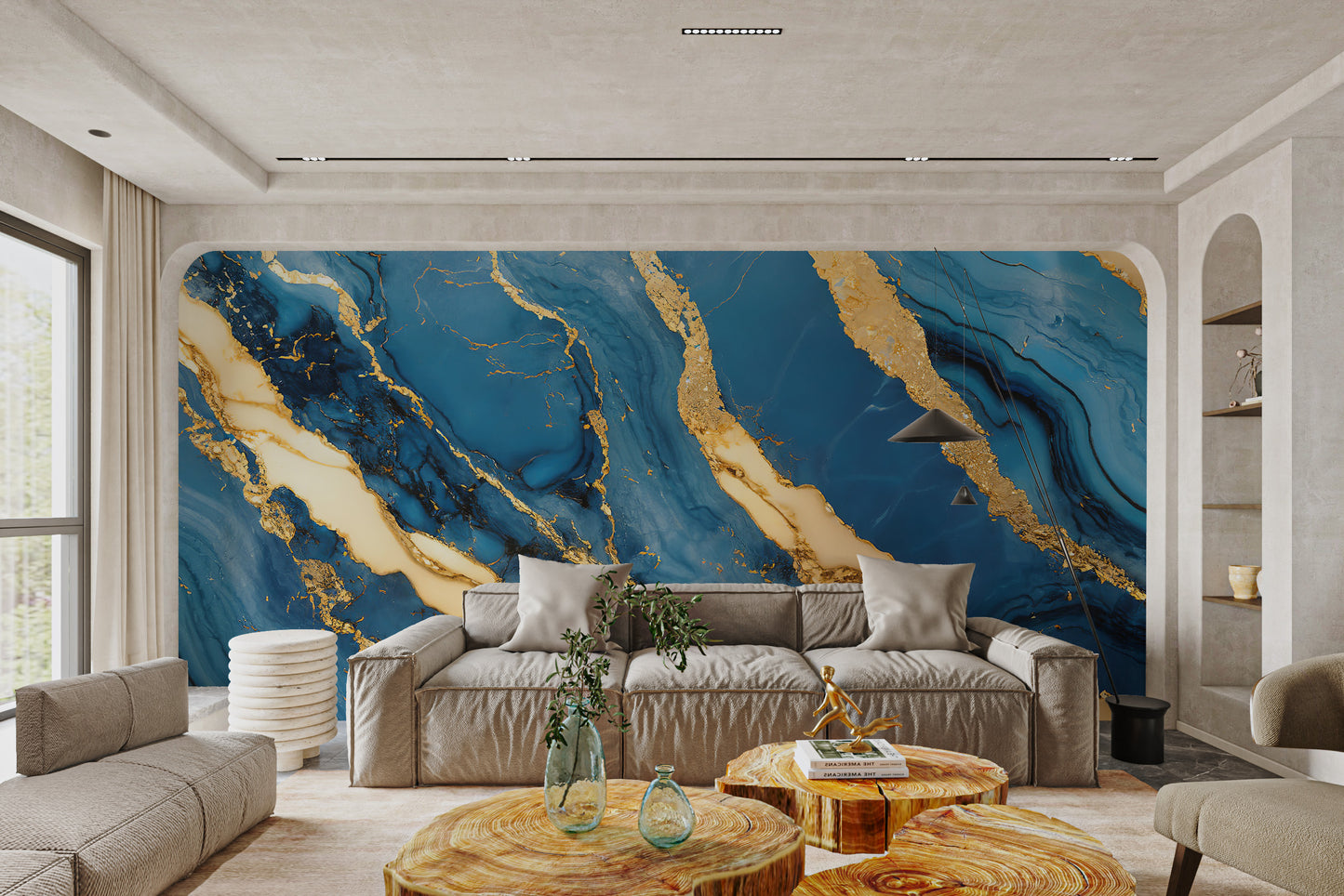 Abstract gold marble texture with deep blue tones