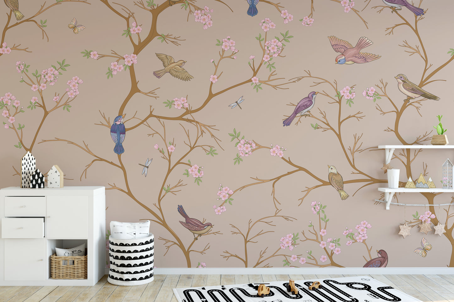 Soft beige floral mural with birds for serene spaces