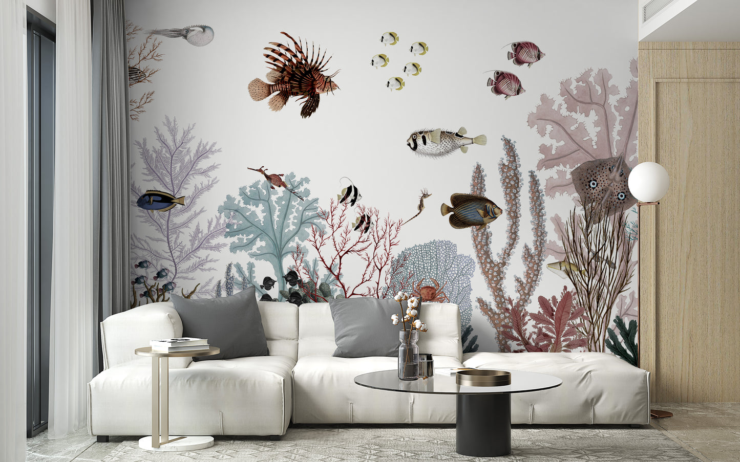 Underwater coral mural with colorful marine life details.