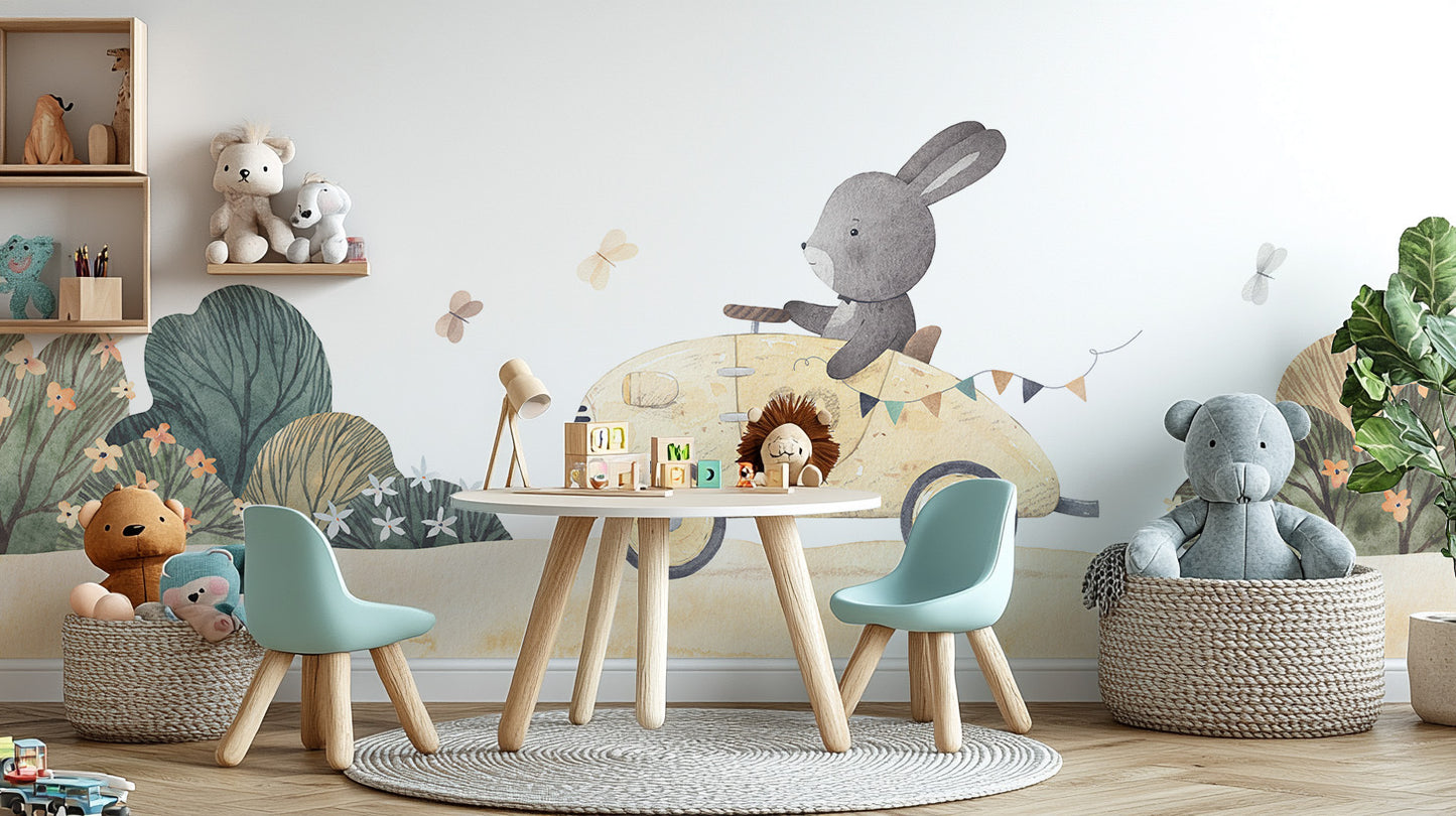 Whimsical bunny riding mural for fun spaces