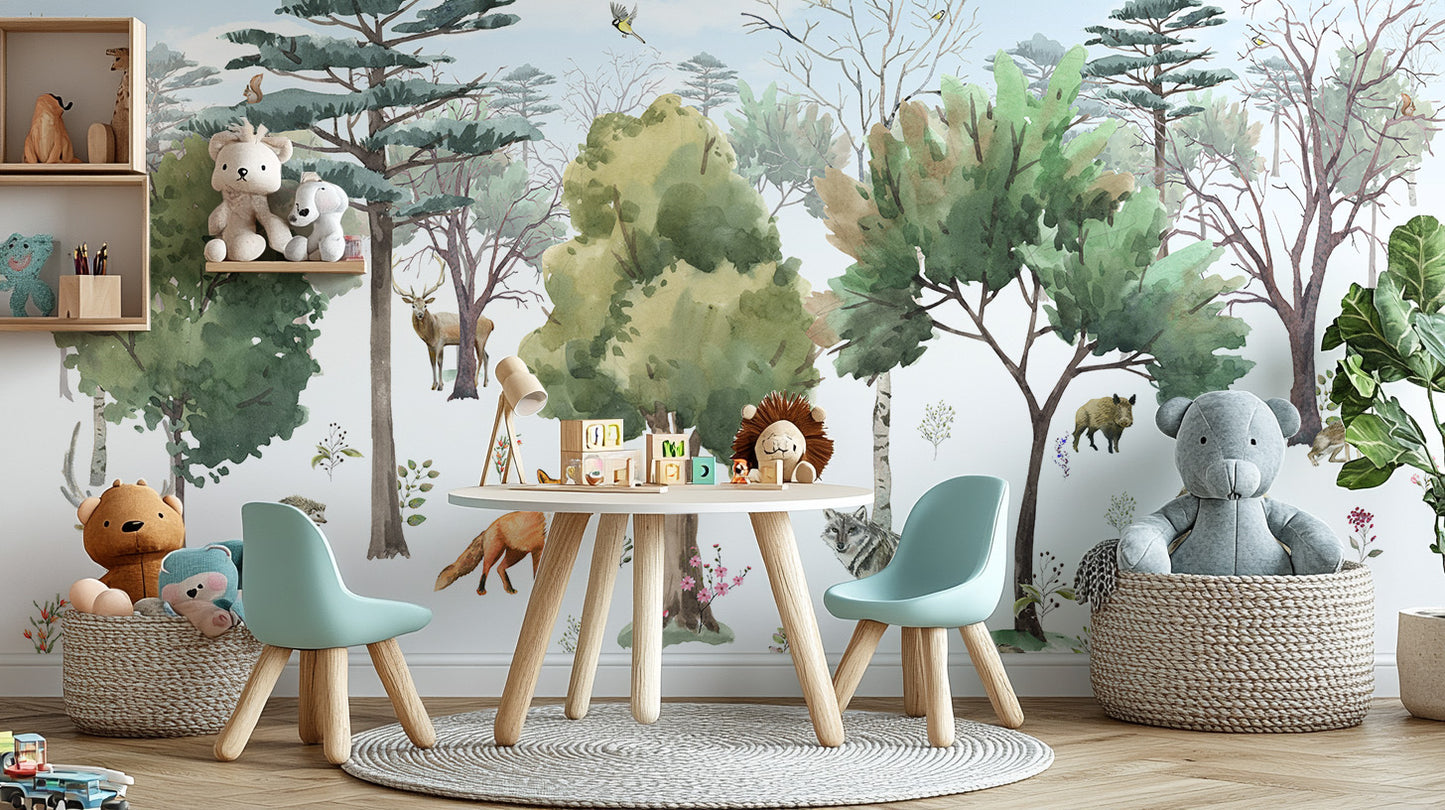 Watercolor mural featuring woodland animals