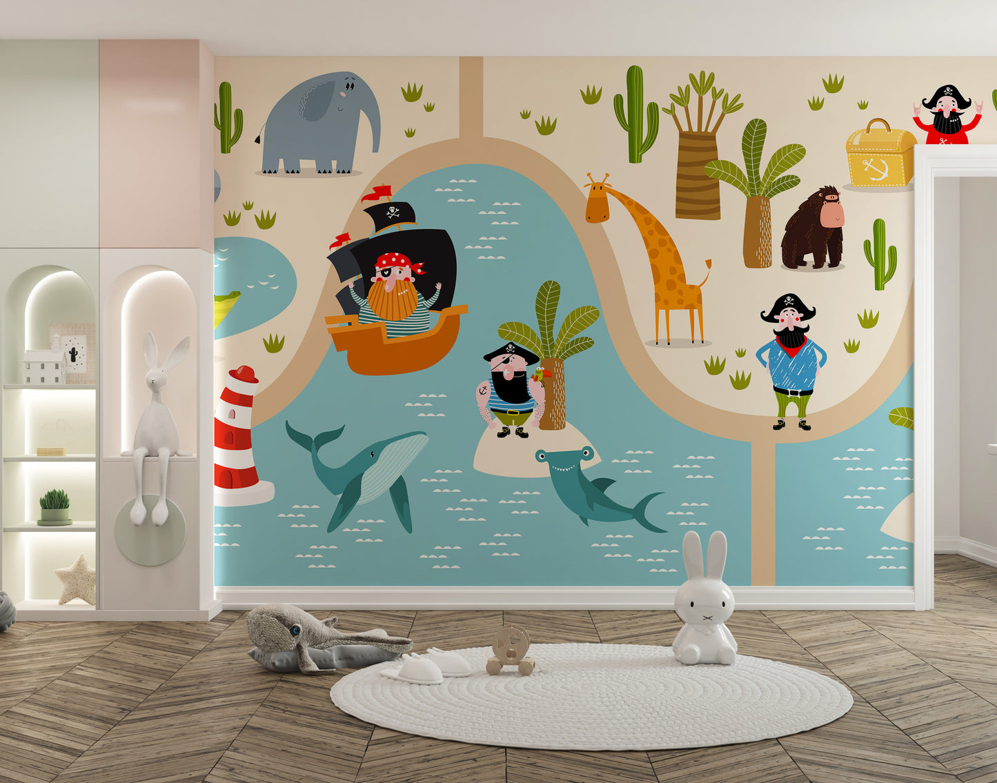 Pirate-themed mural with animals