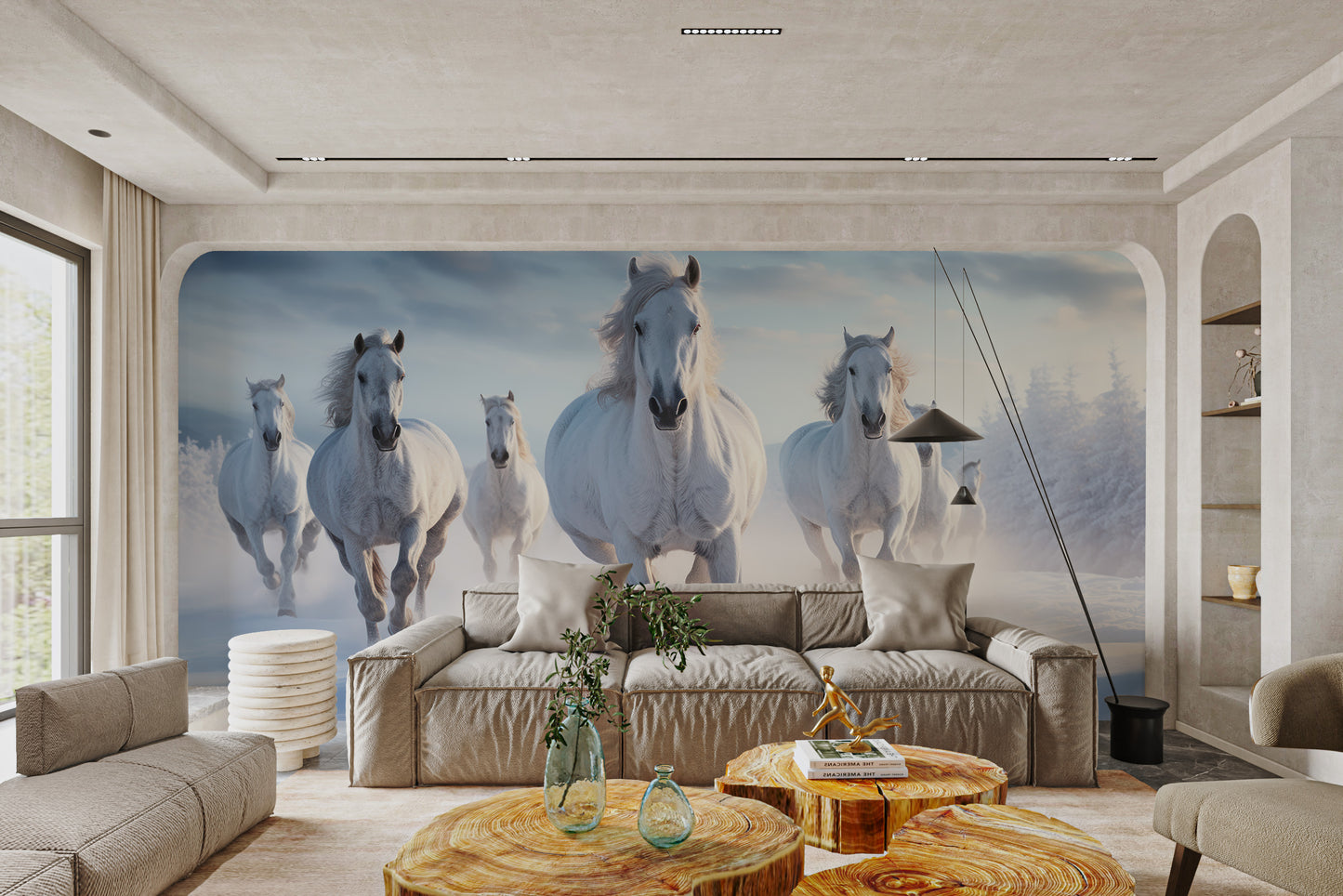Elegant stallions racing through winter scene