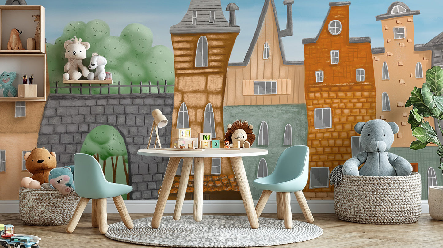 Magical storybook townscape wall mural for kids' decor