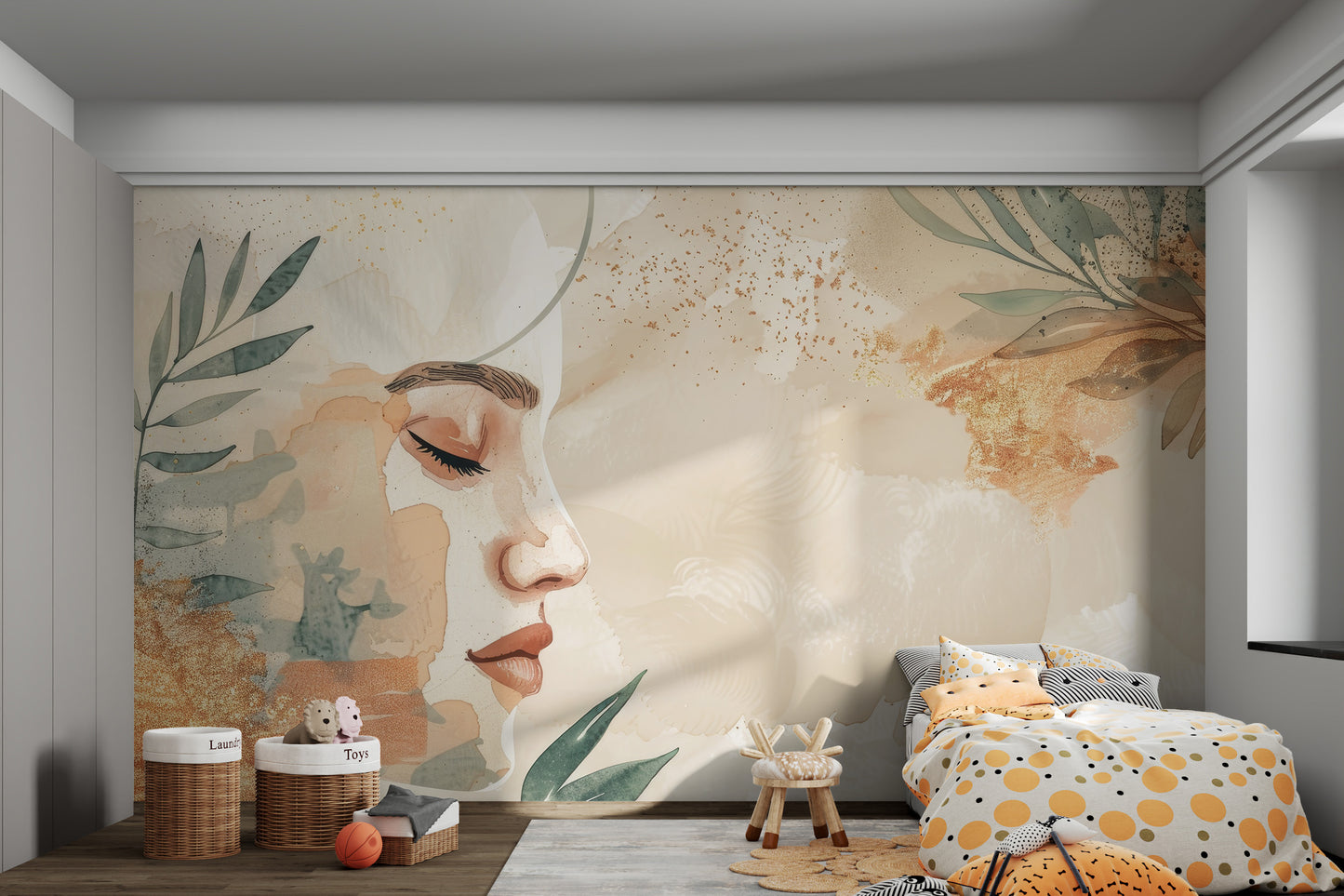 Minimalist nature-inspired woman wallpaper with soft brushstrokes