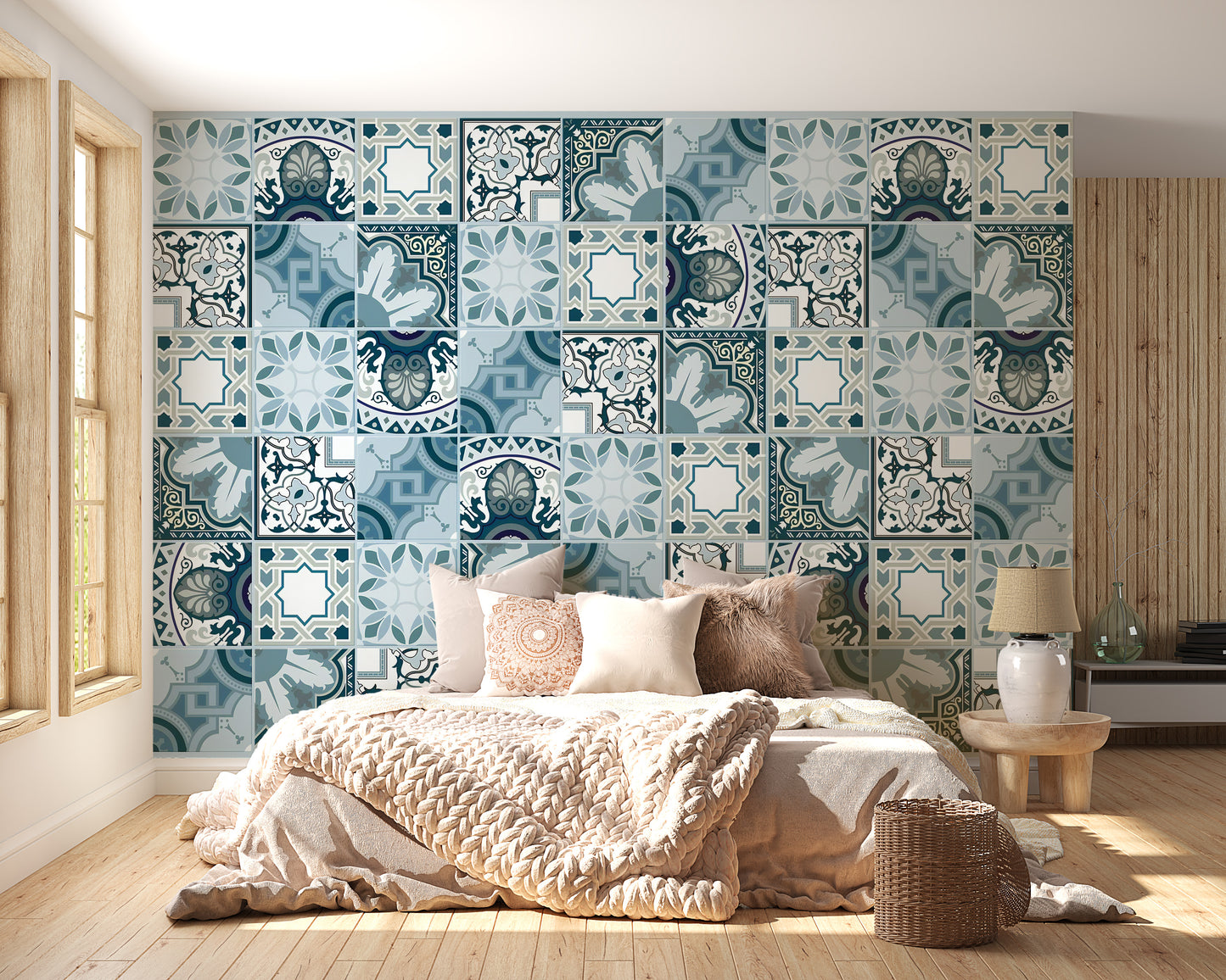 Artistic blue tile mural for wall decor.