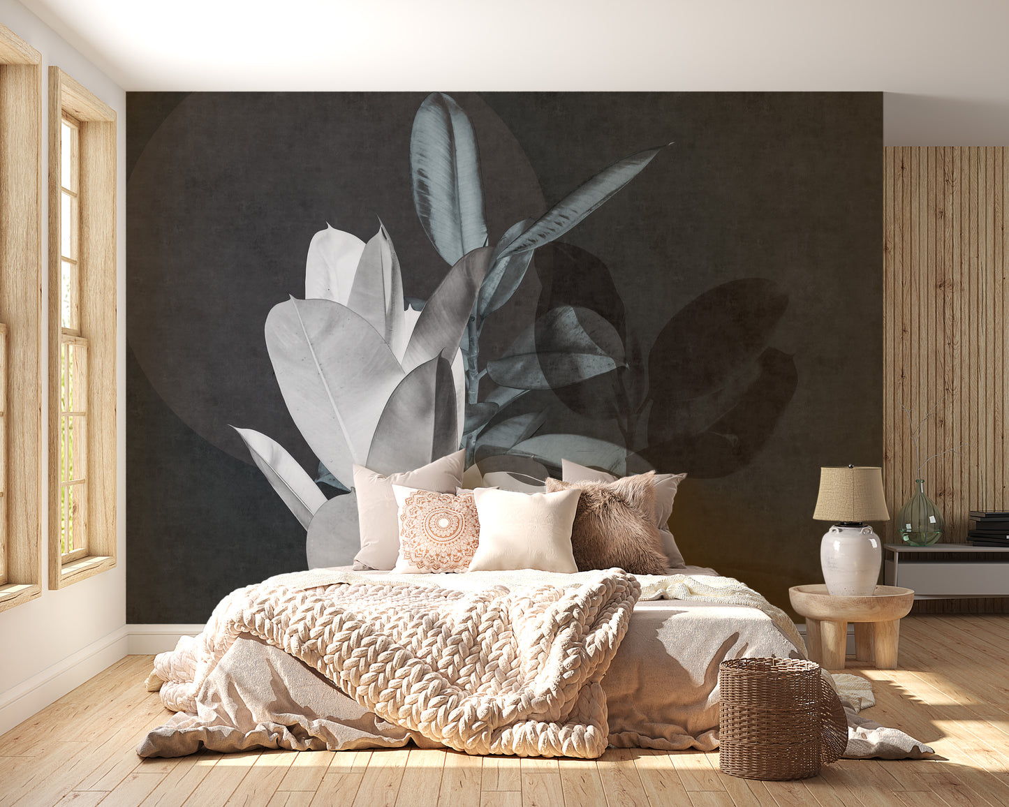 Minimalist leaf art mural in dark tones.