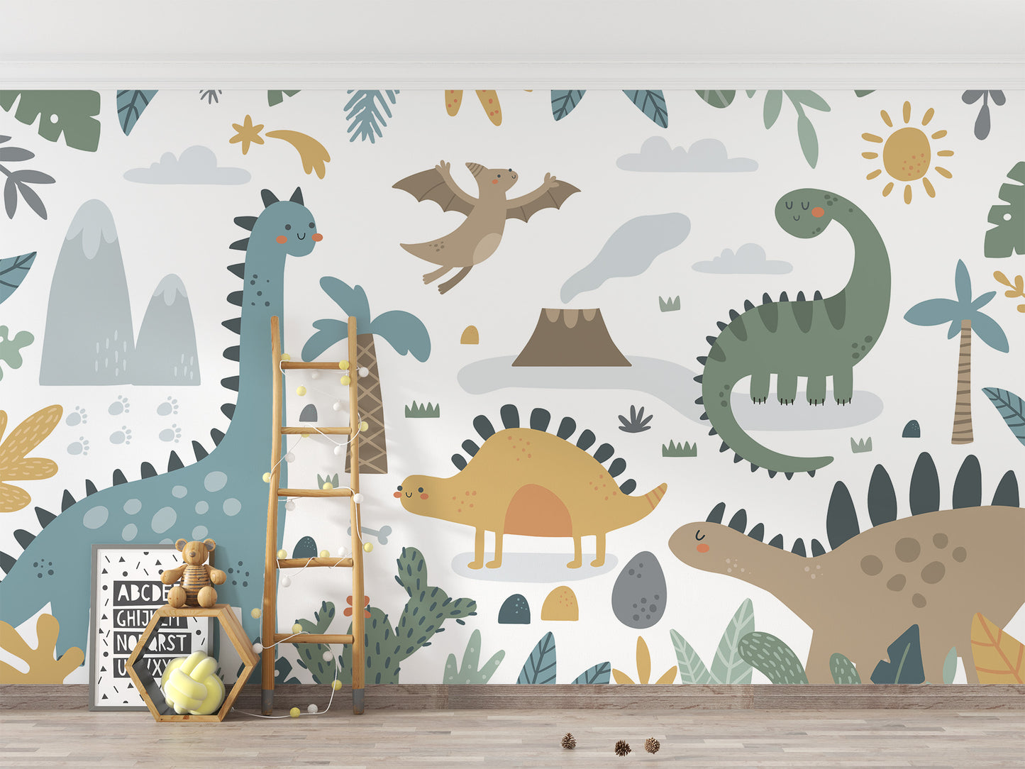 Dinosaur mural featuring a vibrant scene