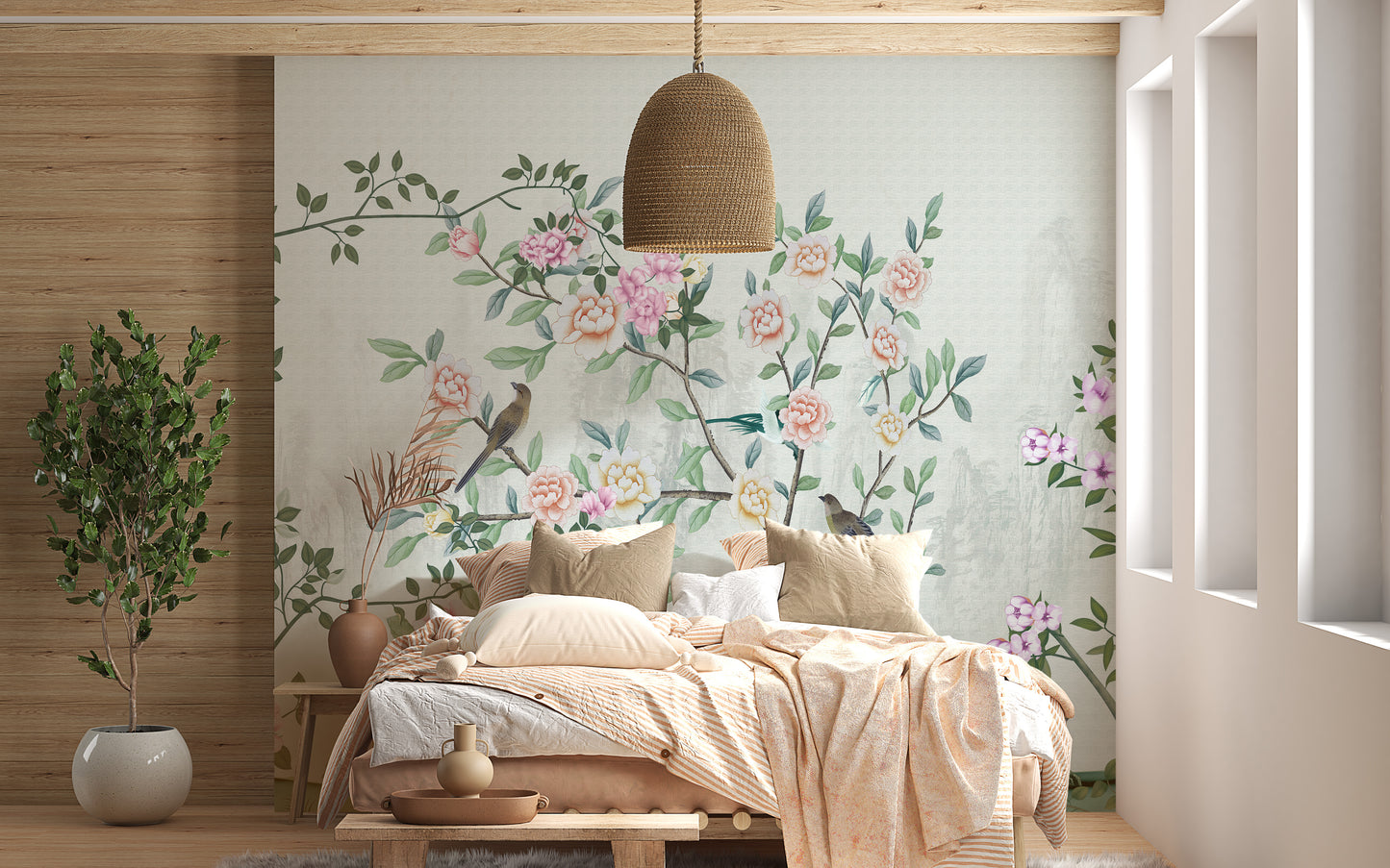 Intricate flowers and vines in a mural.