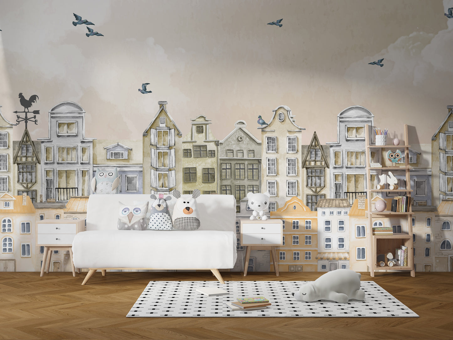 Watercolor Houses Wall Mural for a warm, inviting look