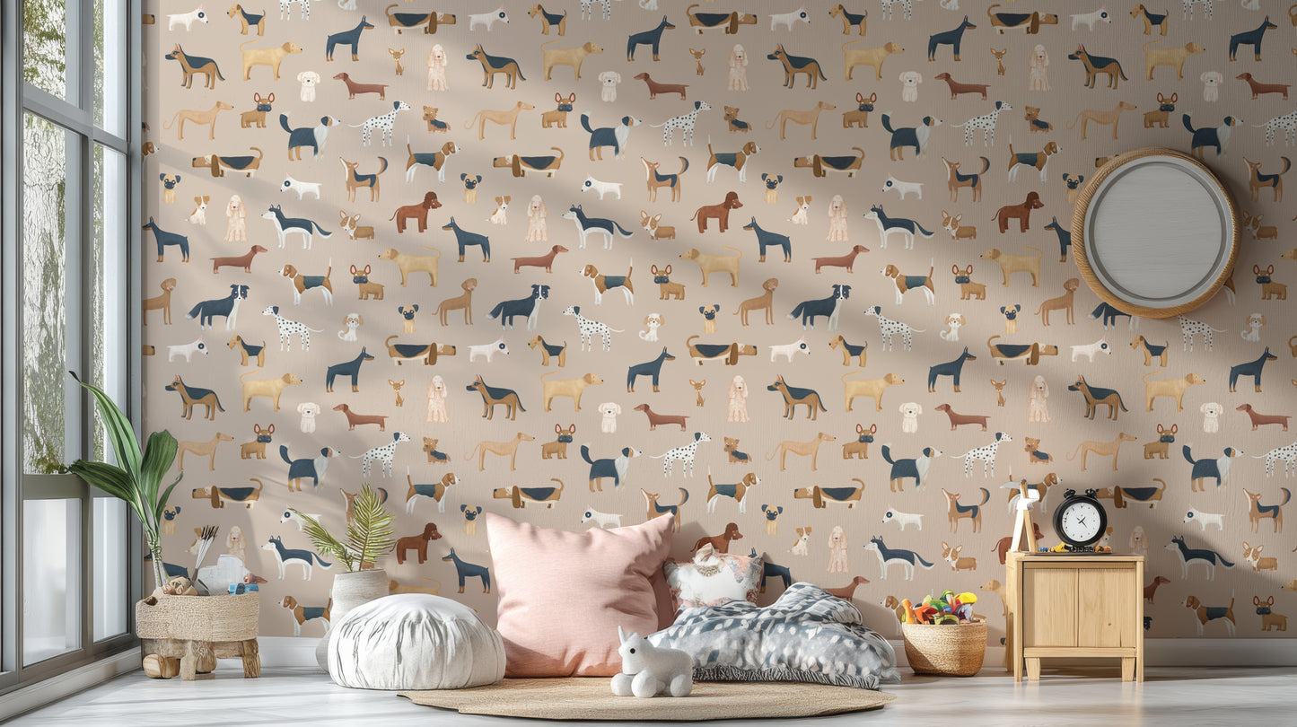 Elegant brown wallpaper featuring dog breed illustrations