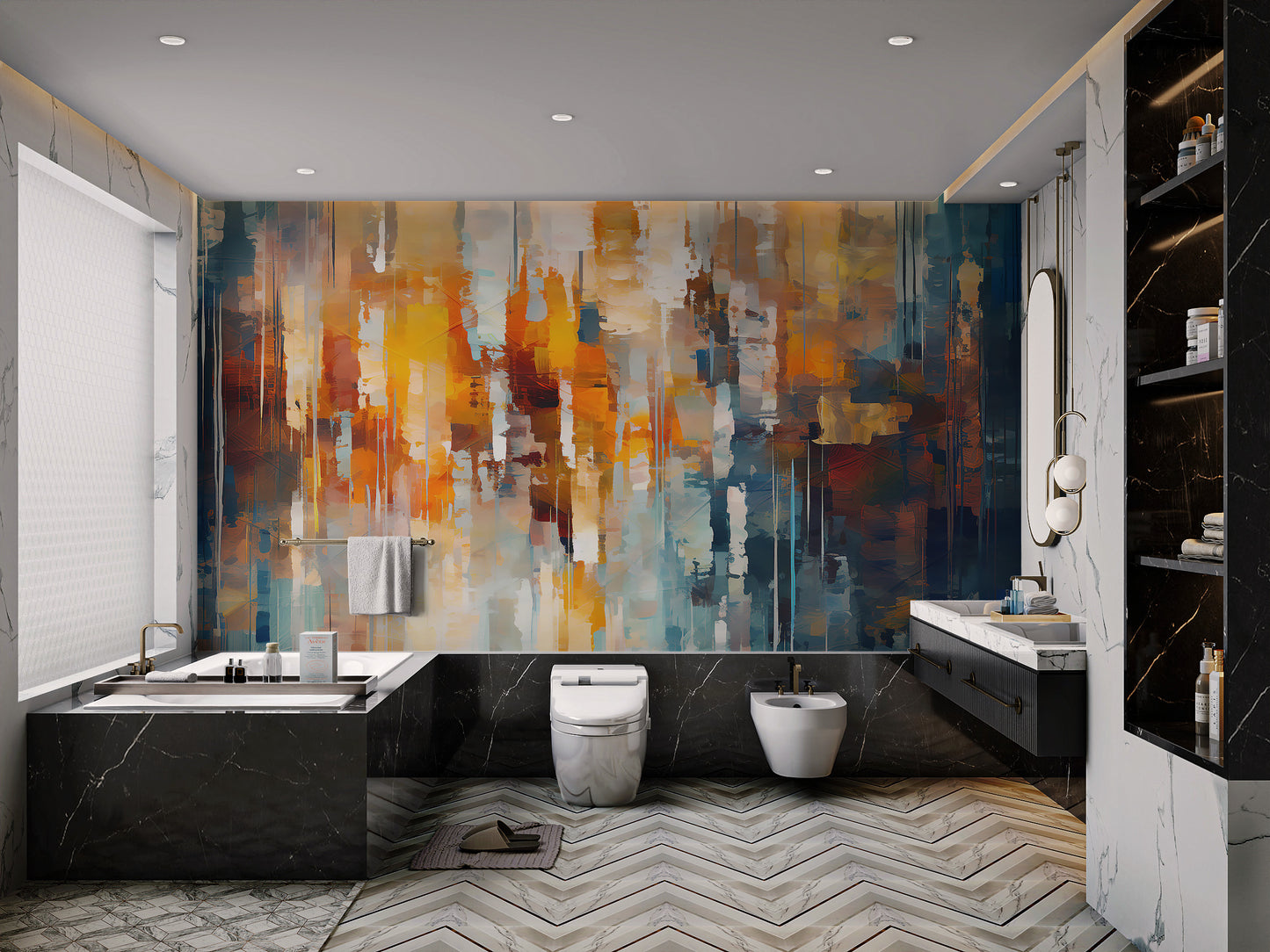 Vibrant blue and orange abstract mural with bold strokes