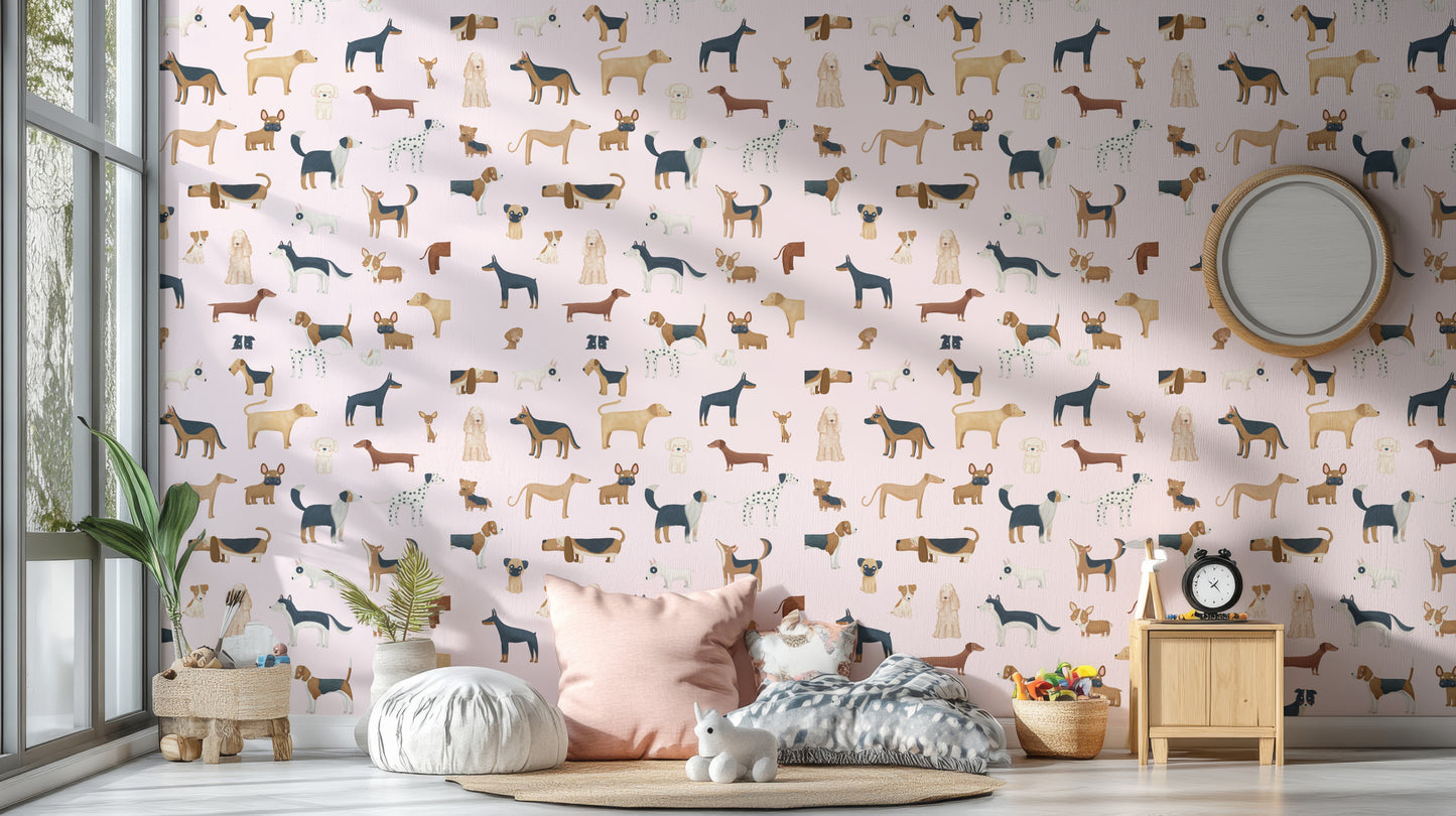 Dog lovers' pale pink wallpaper with charming breed motifs