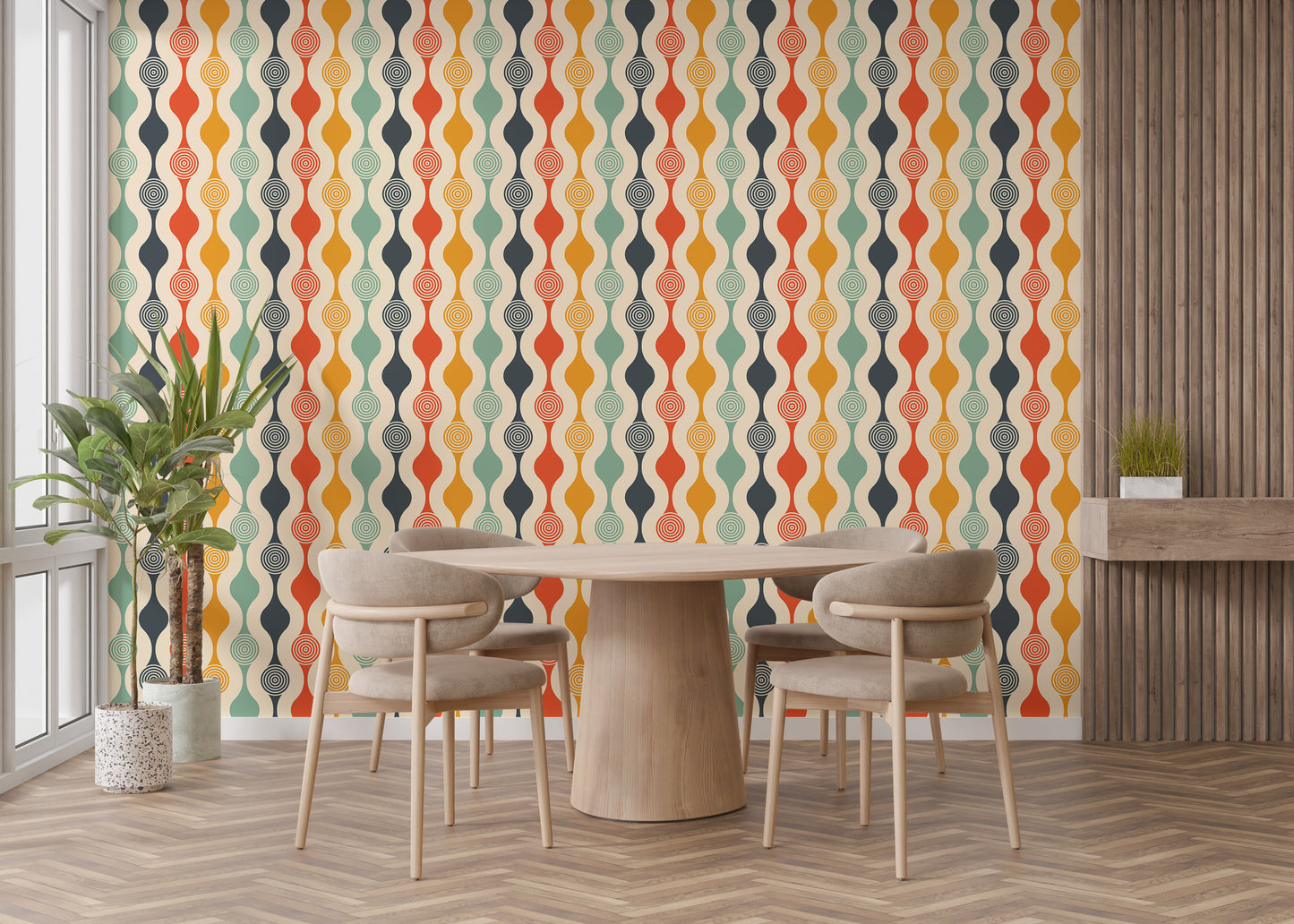 Playful retro swirls vibrant wall mural.