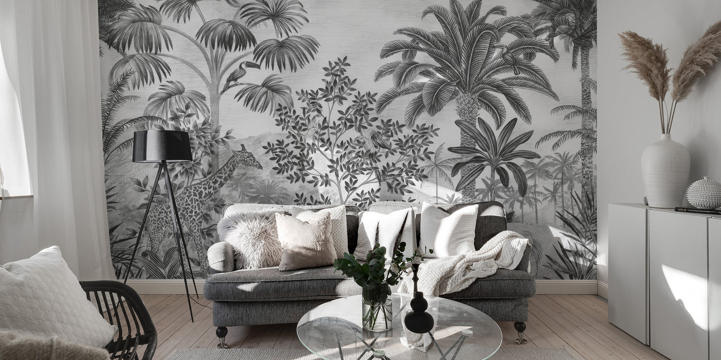 Monochrome safari mural with tropical elements for walls