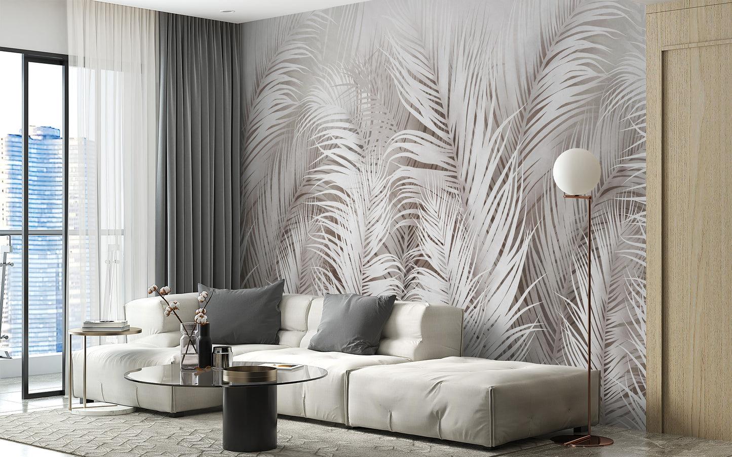Serene botanical palm wall decor mural.