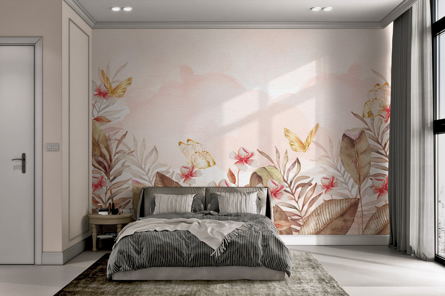 Pastel pink botanical wallpaper with butterflies