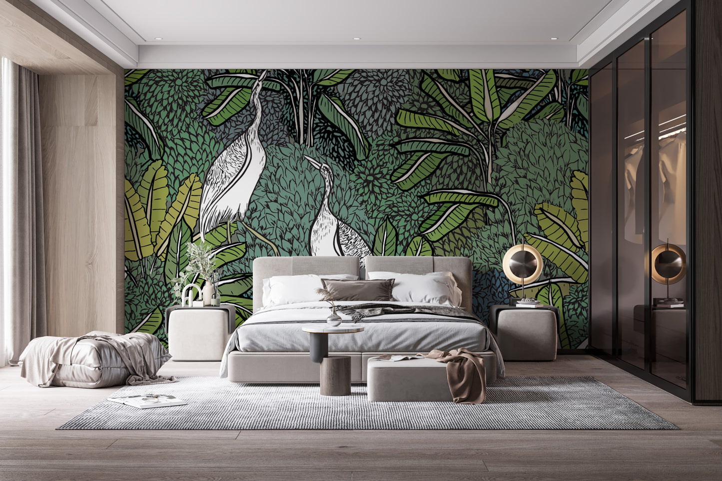 White cranes in tropical mural wallpaper
