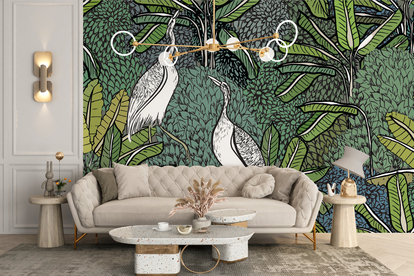 Tropical leaf wallpaper mural with birds