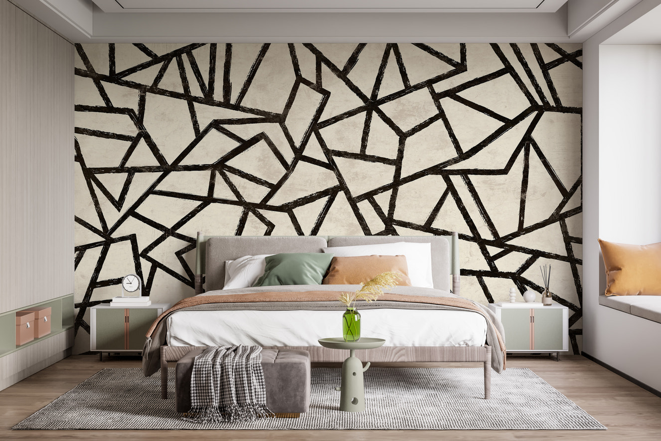 Bold black geometric pattern in a modern wallpaper mural.